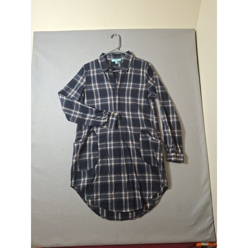 Karlie Tunic Dress Top Tartan Plaid Flannel Small Navy Ivory Heavy Pockets